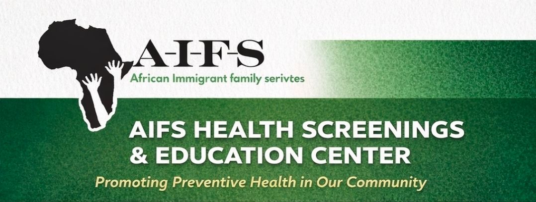 Green AIFS Health Screenings and Education Center banner with the center name and a preventive health message.